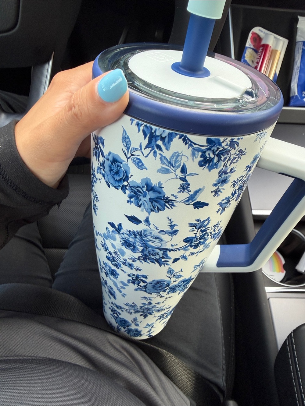 Blue Floral Insulated Travel Tumbler with Handle